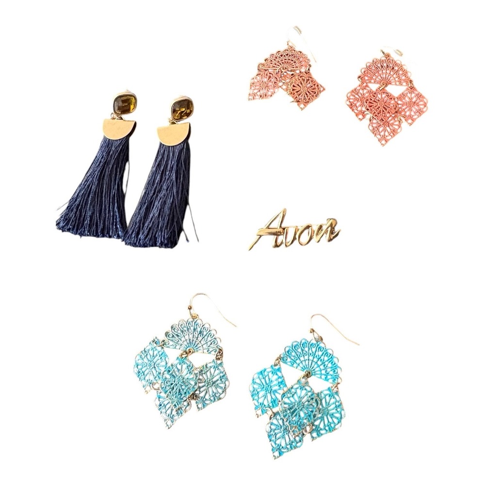 Avon Jewelry Lot 3 Pairs Statement Earrings Tassel Filigree & Gold Script Brooch